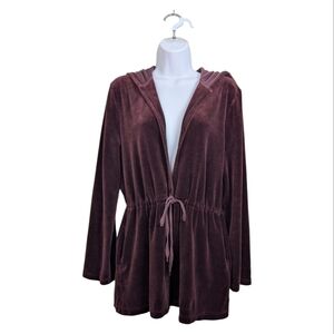 Talbots Velvet Burgundy Drawstring Waist Hooded Jacket Pockets Open Front Soft L
